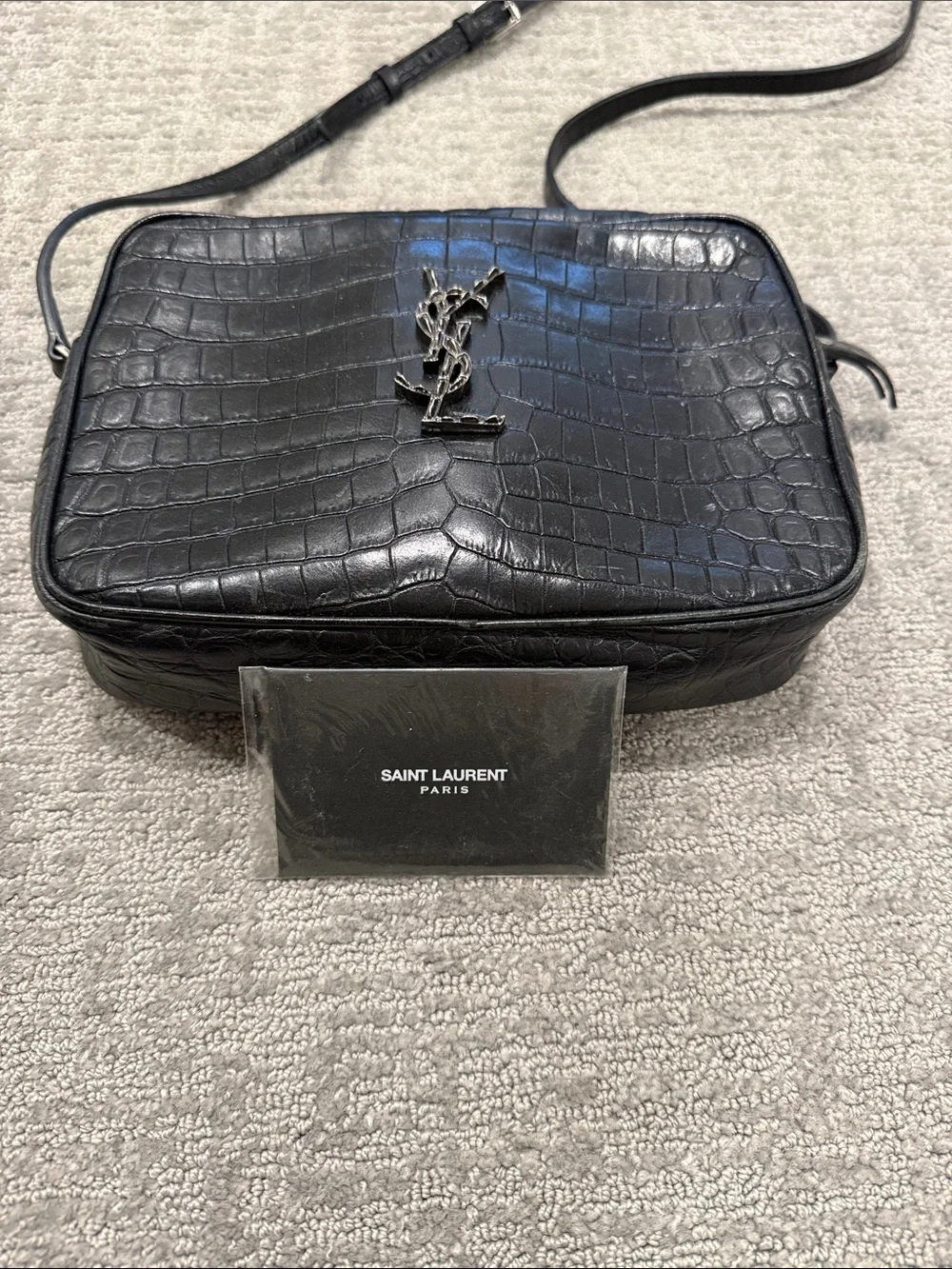 Saint Laurent Black Croc-Embossed Leather Camera Crossbody with Silver YSL Logo